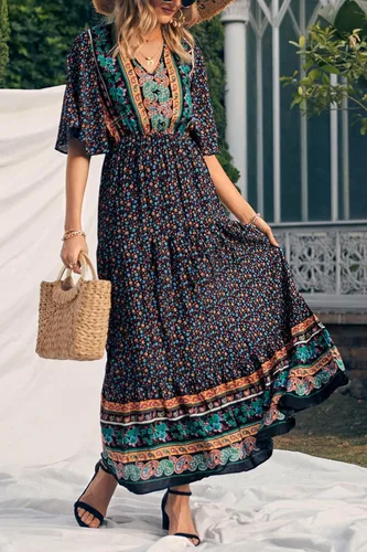 Vista 3 de PRETTYGARDEN - Vestido bohemio casual de verano para mujer, con estampado floral, cuello en V, manga corta, cintura alta, largo hasta el piso
