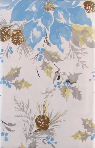 Vista 2 de Happy Holiday Mantel trasero de franela de vinilo con diseño de flor de pascuas azul acuarela, acebo, piñas y muérdago (52 x 70 pulgadas, oblongo)
