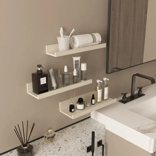 Vista 4 de Giftgarden Estantes flotantes de 16 pulgadas montados en la pared, estante de madera de grano de madera beige blanco cremoso para baño, dormitorio