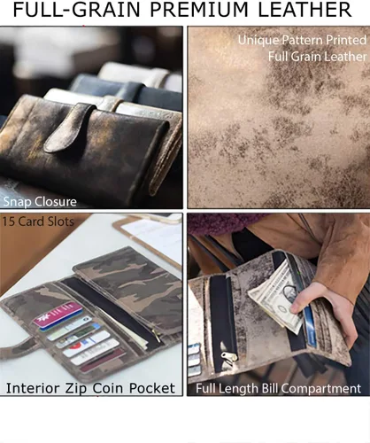 Vista 4 de CoFi Mila Trifold Wallet - Handmade Genuine Full Grain Leather - Womens Clutch Wallet - Many Unique Patterns