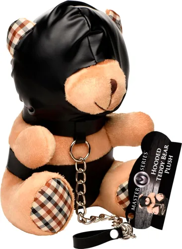 Vista 8 de MASTER SERIES Oso de Bondage con capucha para hombres, mujeres y parejas. Suave oso de peluche con temática BDSM M. Regalo lindo y sexy. 1 pieza