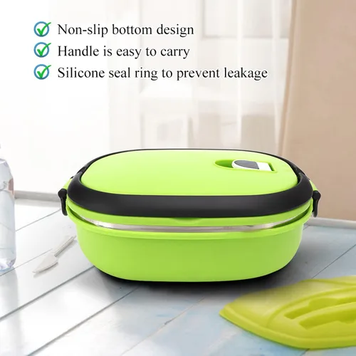 Vista 10 de Lonchera con aislamiento de acero inoxidable, contenedor de alimentos para picnic al aire libre, cuadrado verde, doble capa (1 nivel)