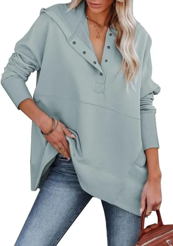 Vista 2 de SHEWIN Sudadera de gran tamaño para mujer, casual, con botones, cuello en V, con bolsillo
