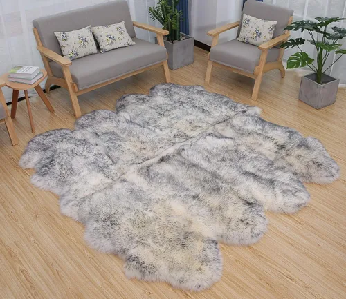 Vista 105 de HUAHOO Alfombra de piel de oveja genuina prémium Negra Real de Australia Piel de oveja natural de lujo, alfombra esponjosa de lana de cordero