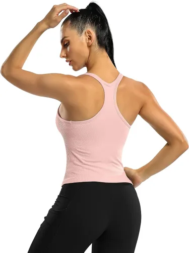 Vista 41 de ATTRACO Camiseta corta acanalada de entrenamiento para mujer con brasier integrado para yoga, espalda cruzada, ajuste ajustado