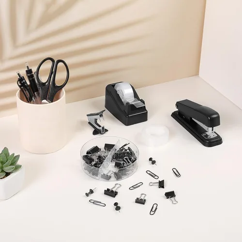 Vista 9 de SKYDUE Juego de suministros de oficina negros, accesorios de escritorio negros, grapadora, dispensador de cinta, tijeras, carpeta/clips de papel