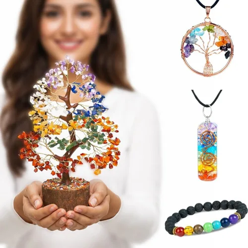 Vista 9 de Árbol de la vida de los siete chakras con cristales con pulsera y 2 colgantes – Decoración de bonsái Feng Shui con cristales curativos, regalos