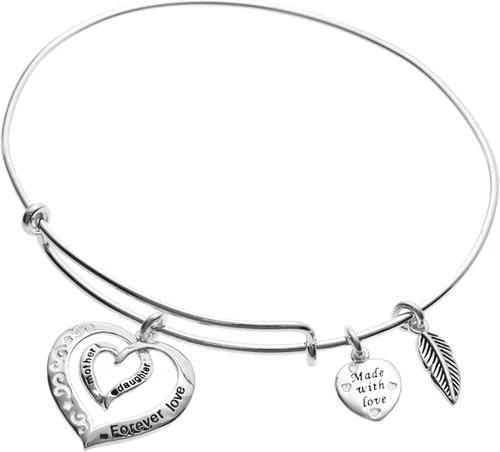 Vista 2 de Qina C Pulsera ajustable de plata de ley con dije colgante de hoja de corazón para madre e hija, Plata de ley Plata