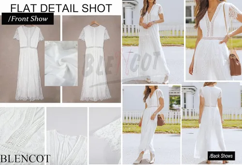 Vista 4 de Blencot - Vestido largo casual bohemio de noche cuello en V de encaje y estampado floral para mujeres vestido largo para bodas cóctel y fiesta