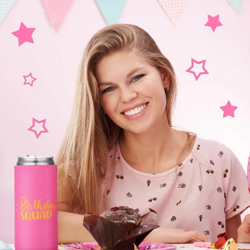 Vista 7 de Layhit - 10 fundas para enfriar latas de cumpleaños, color blanco, rosa neón