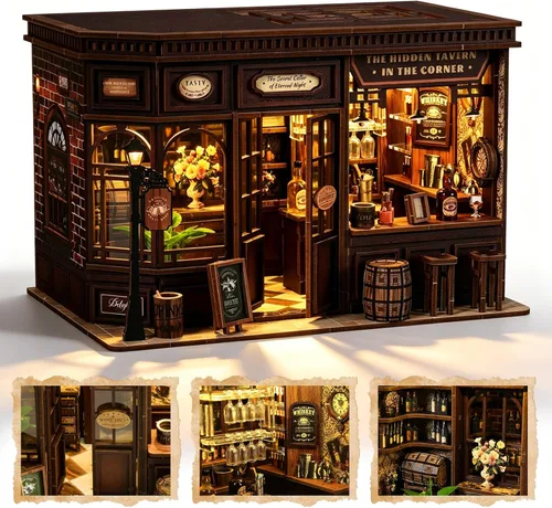 Vista 8 de Kit de casa en miniatura, rompecabezas de madera 3D para adultos, kit de rincón de libro con luz LED táctil, inserto de estantería de biblioteca