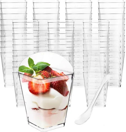 Vista 9 de 100 Pack Plastic Dessert Cups with Spoons, 5 oz Clear Small Mini Dessert Cups with Spoons, Dessert Shooter Cups for Party, Plastic Parfait Cup
