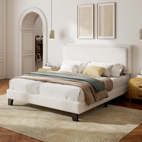 Vista 10 de Base de cama Queen con cabecera ajustable, cama plataforma Boucle Cloud con listones de madera, base de colchón, no necesita somier, fácil montaje