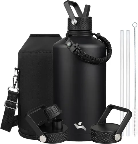 Vista 10 de Konokyo - Botella de agua aislada de 18 onzas, botellas deportivas de acero inoxidable con 3 tapas, verde militar