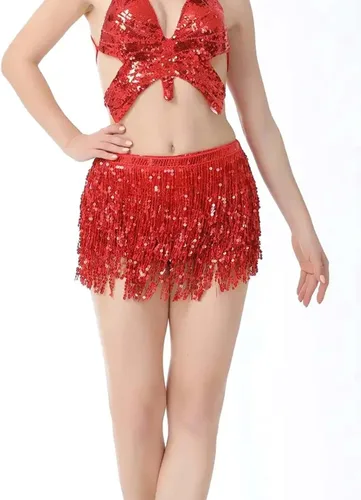 Vista 5 de OYOANGLE Women's Dance Skirt Sequin Tassel Multilayer Hip Scarf Adjustable Boho Style Belly Dance Skirts