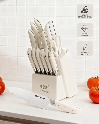 Vista 3 de Juego de cuchillos de cocina con bloque: 14 piezas de acero inoxidable alemán de espiga completa - Agarre cómodo que reduce la fatiga de la mano 30%