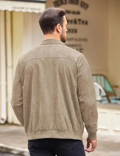 Vista 4 de COOFANDY Chaqueta bomber casual de ante para hombre, ligera, con cremallera completa, chaqueta de piel sintética vintage