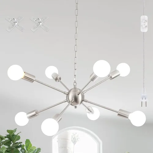 Vista 8 de Lámpara colgante enchufable, 6 luces colgantes con cable de enchufe de 16.4 pies e interruptor de encendido/apagado de níquel cepillado, lámpara