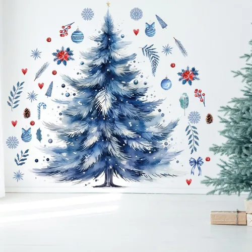 Vista 2 de 59x47 Pulgadas Adhesivos de Árbol de Navidad Azul Grande para Pared, Extraíbles DIY, Adhesivos de Árbol de Navidad Acuarela Gigantes para Baño