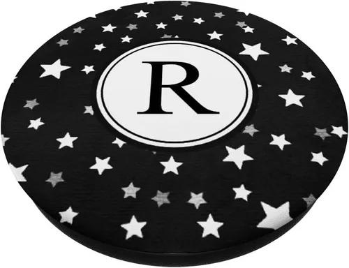Vista 2 de Starry Letter R Monogram - Soporte para teléfonos y tabletas, diseño de estrellas, color blanco y negro, Negro