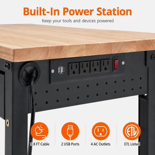 Vista 7 de Banco de trabajo ajustable resistente de 48 x 24 x 1.2 pulgadas con parte superior de madera de goma, almacenamiento de cajones, tira