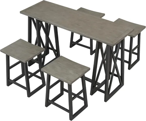 Vista 9 de Farmhouse - Juego de comedor rústico de 5 piezas con 4 taburetes, juego de mesa consola de madera con acabado de dos tonos, para comedor pequeños