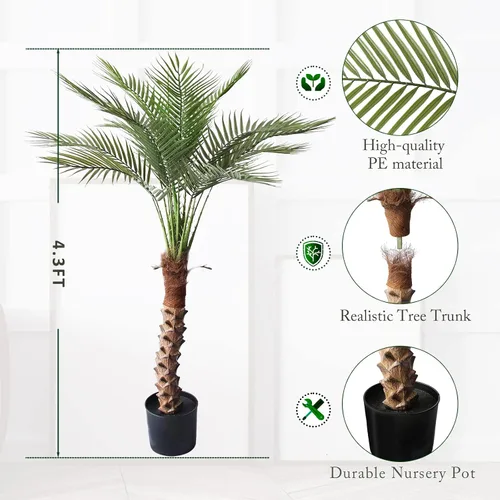 Vista 6 de Palmera artificial de 4.3 pies, planta de palma de sagú falsa grande con 18 hojas de tronco, árbol sintético alto perfecto en maceta para interiores