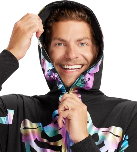 Vista 2 de Tipsy Elves Vestido ajustado de manga larga con esqueleto de Halloween para mujer Front and Back Print, Mesh Eyehole Hood, Hidden Front Zipper