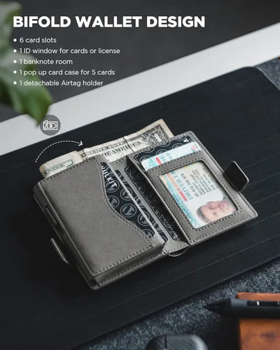 Vista 4 de VULKIT Cartera para tarjetas con soporte para AirTag y ventana de identificación, cartera de cuero desplegable con bloqueo RFID, cierre magnético