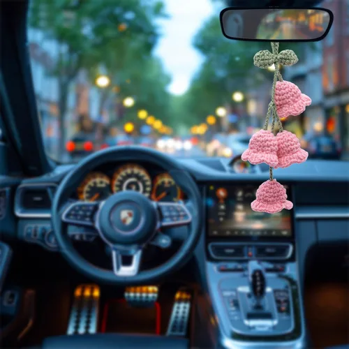 Vista 4 de Accesorios para colgar espejos de automóvil, colgante de flor de lirio tejido hecho a mano, bonita decoración colgante de ganchillo para espejo