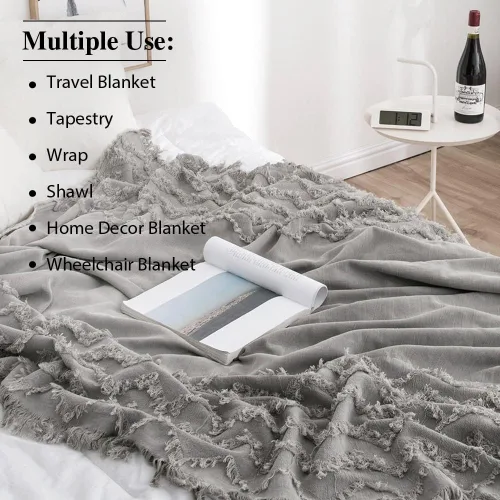 Vista 4 de Simple&Opulence Manta 100% algodón para cama, sofá, manta tejida en zigzag tejida bohemia con borlas, suave, ligera, transpirable, acogedora, Gris
