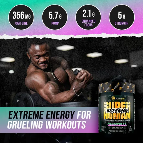Vista 2 de ALPHA LION Superhuman Extreme High Stim Polvo de Pre-Entreno de Alto Estímulo, Beta Alanina, L-Taurina y 356mg de Cafeína Tri-Fuente para Energía