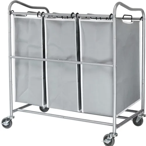 Vista 3 de Simple Houseware Carrito clasificador de lavandería de 3 bolsas resistente + cesta plegable para ropa sucia