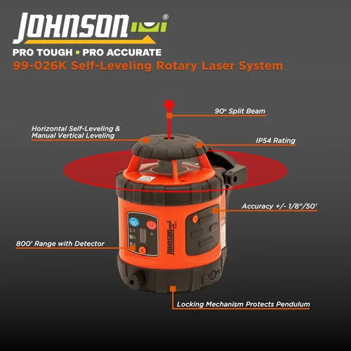 Vista 5 de Johnson Level & Tool - Sistema láser giratorio horizontal autonivelante 99-026K con kit de estuche rígido, 50 x 14.5 pulgadas, rojo, 1 kit, naranja