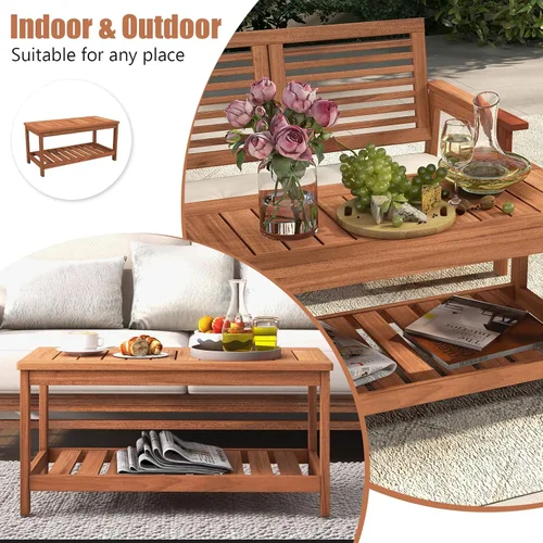 Vista 7 de Tangkula Mesa de centro de madera para exteriores, mesa de centro de patio de 2 niveles con mesa de madera dura de listones y estante