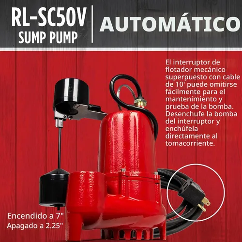 Vista 4 de Red Lion RL-SC50V 14942747 Bomba de sumidero de hierro fundido de 115 voltios, 1/2 HP, 4300 GPH con interruptor vertical, cable de 10 pies, rojo