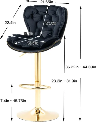Vista 3 de Deolme Taburetes de bar giratorios de terciopelo negro, juego de 2 sillas de bar modernas ajustables de altura de mostrador, taburetes de bar