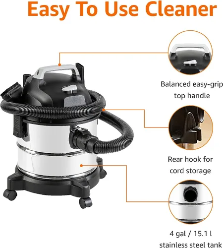 Vista 3 de Amazon Basics Aspiradora Húmeda/Seca, 4 galones, 3 HP, Acero Inoxidable, Gris/Negro