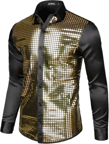 Vista 2 de Jogal - Camisa de vestir para hombre con lentejuelas plateadas, manga larga, botones, de los años 70, disfraz de fiesta o discoteca