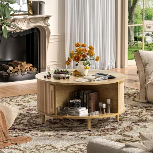 Vista 3 de Mesa auxiliar redonda, mesa central acanalada de 31.5 pulgadas con almacenamiento, mesa de centro elevable con almohadillas ajustables, puerta
