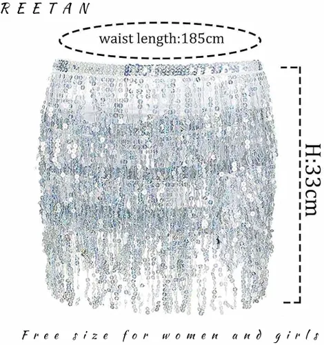 Vista 2 de REETAN Falda Boho para danza del vientre con lentejuelas, mascada de cadera con flecos y borlas falda para fiestas, bailes,actuaciones y disfraces