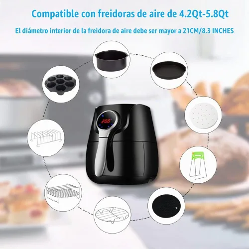 Vista 2 de Juego de 10 accesorios para freidora de aire de 8 pulgadas para freidora de aire Phillips Nuwave Gowise Gourmia Ninja Dash de 3.5 cuartos a 5.8 10