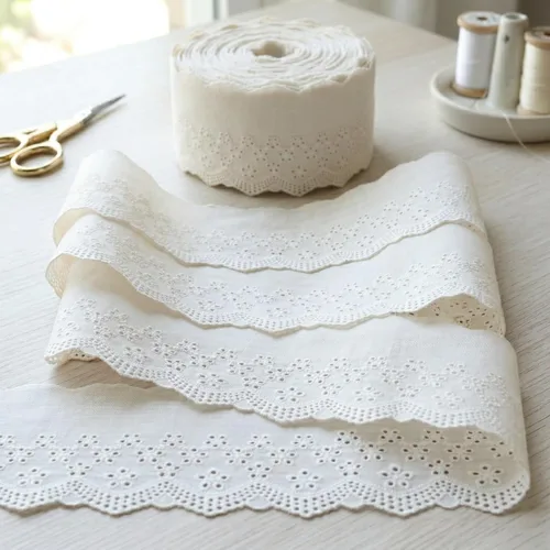 Vista 6 de Ribete de encaje con ojales de 4.8 yardas y 6 pulgadas de ancho, color blanco, de algodón, bordado con volantes, para costura, ropa de bebé, ropa