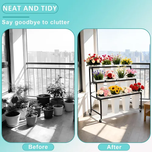 Vista 6 de Soporte de exhibición de flores de 3 niveles, soporte móvil de metal para plantas con 12 cubos, carrito de flores con ruedas, adecuado