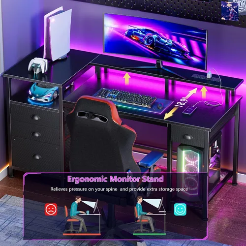 Vista 3 de Furologee Escritorio para juegos de 52 pulgadas con luces LED y tomas de corriente, escritorio reversible para computadora con 4 cajones, archivador