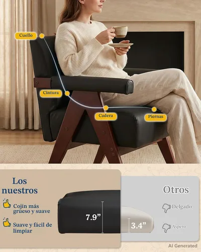 Vista 4 de Silla negra moderna del acento del cuero de imitación del mediados de siglo Negro
