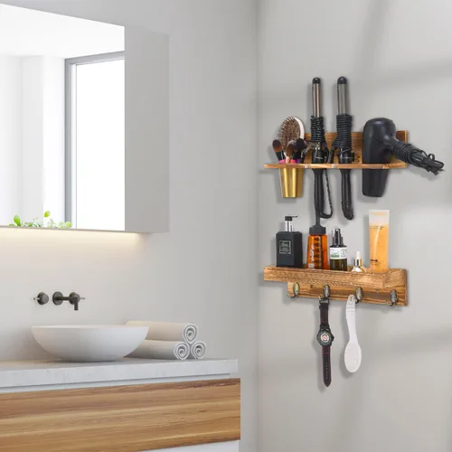 Vista 5 de UPTRUST Organizador de herramientas para el cabello de montaje en pared, juego de 2 capas de madera rústica, bandeja organizadora de productos