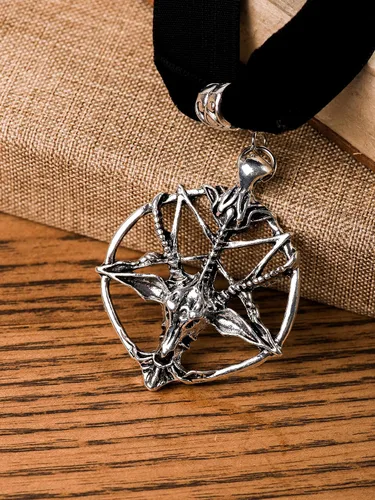 Vista 5 de Sacina Gargantilla gótica de baphomet, gargantilla de calavera de pentagrama negro, collar gótico, gargantilla gótica, gargantilla gótica