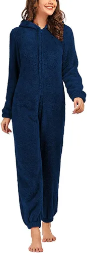 Vista 10 de chouyatou Pijama de Romper de Sherpa de Felpa Ultra Cómodo para Mujer con Capucha Linda de Orejas de Felpa Negro