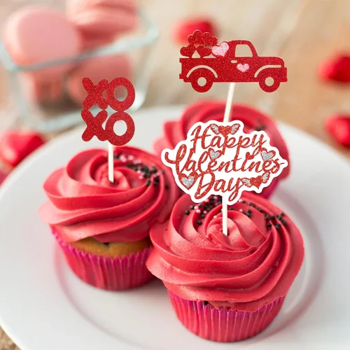 Vista 4 de Ceiba Tree 24 piezas de decoración para cupcakes para el día de San Valentín, con purpurina, corazón, amor, San Valentín, alimentos, suministros